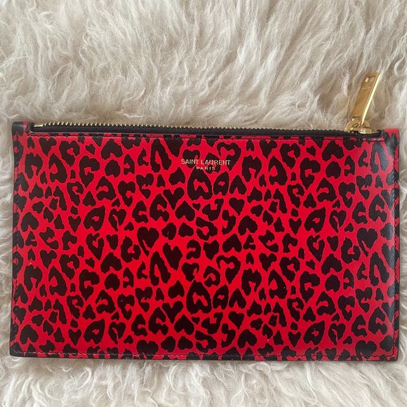 Saint Laurent Rouge Leopard Printed Calfskin Leather Medium Pouch - Picture 1 of 5